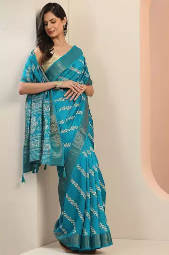 blue printed saree with unstitched blouse piece