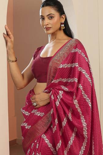 pink printed saree with unstitched blouse piece