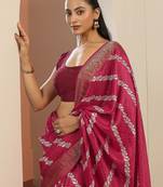 pink printed saree with unstitched blouse piece