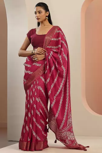 pink printed saree with unstitched blouse piece