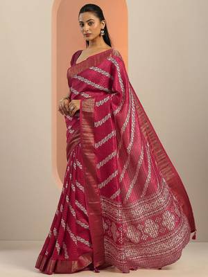 pink printed saree with unstitched blouse piece 3