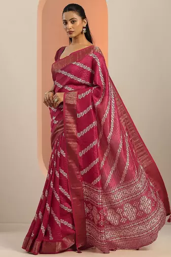 pink printed saree with unstitched blouse piece