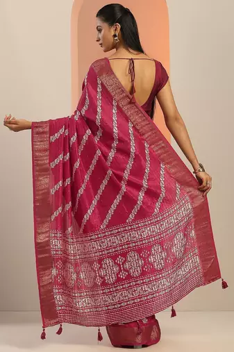 pink printed saree with unstitched blouse piece