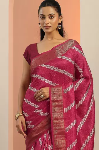 pink printed saree with unstitched blouse piece