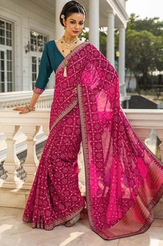 magenta printed saree with unstitched blouse piece