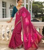 magenta printed saree with unstitched blouse piece