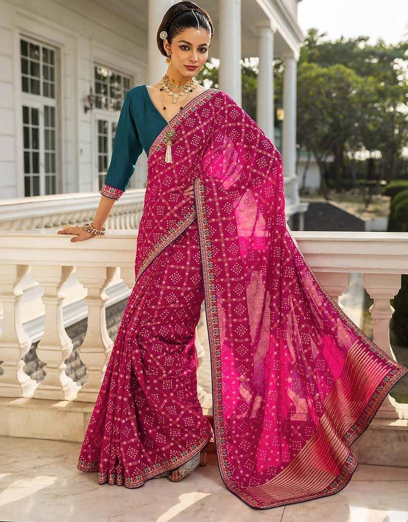 magenta printed saree with unstitched blouse piece