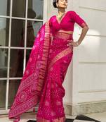 pink printed saree with unstitched blouse piece