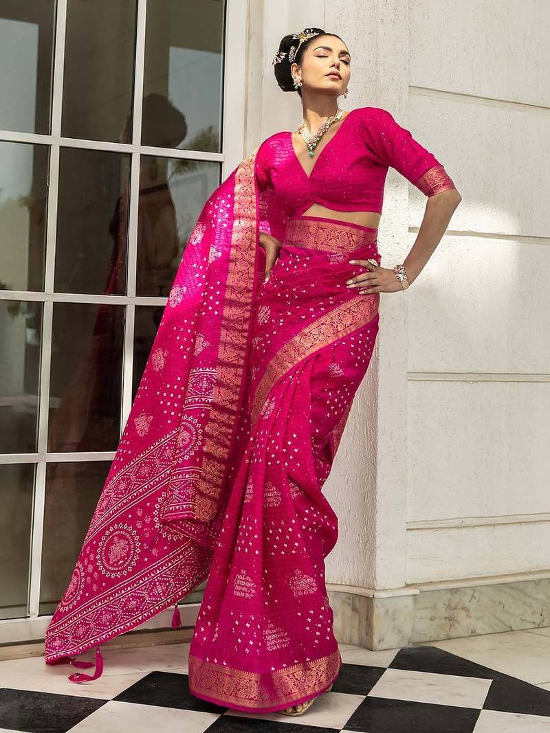 pink printed saree with unstitched blouse piece
