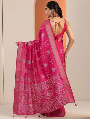 pink printed saree with unstitched blouse piece 4