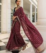 maroon printed saree with unstitched blouse piece