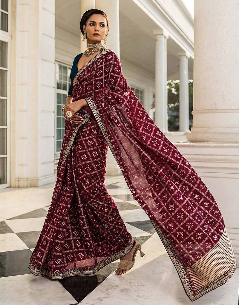 maroon printed saree with unstitched blouse piece