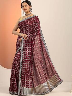 maroon printed saree with unstitched blouse piece 3