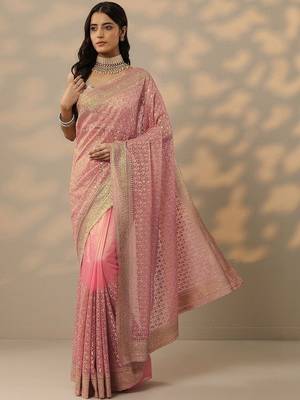 pink embroidered banarasi nylon saree with unstitched blouse piece 1