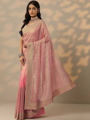 pink embroidered banarasi nylon saree with unstitched blouse piece 2