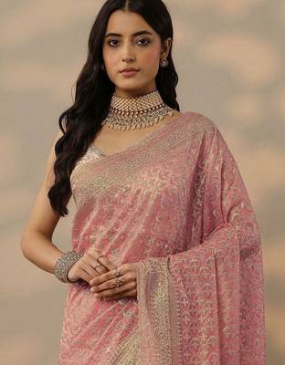 pink embroidered banarasi nylon saree with unstitched blouse piece 4