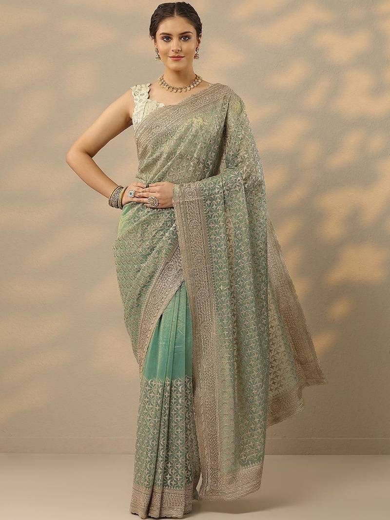 sea green embroidered nylon saree with unstitched blouse piece