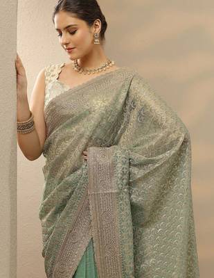 sea green embroidered nylon saree with unstitched blouse piece 3