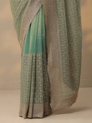sea green embroidered nylon saree with unstitched blouse piece 4