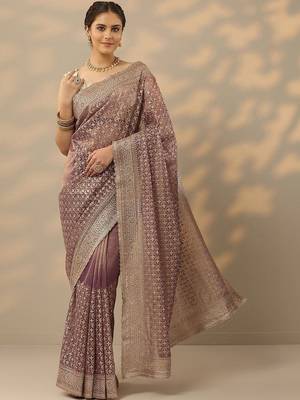 purple embroidered banarasi nylon saree with unstitched blouse piece 1
