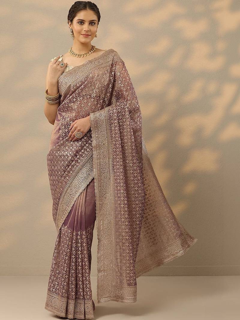 purple embroidered banarasi nylon saree with unstitched blouse piece