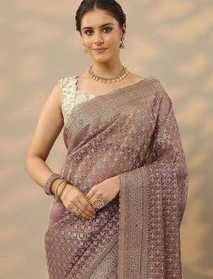 purple embroidered banarasi nylon saree with unstitched blouse piece 2