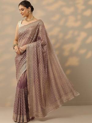 purple embroidered banarasi nylon saree with unstitched blouse piece 3