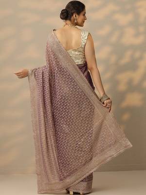 purple embroidered banarasi nylon saree with unstitched blouse piece 4