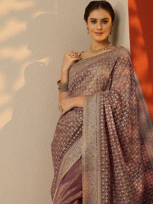 purple embroidered banarasi nylon saree with unstitched blouse piece 5