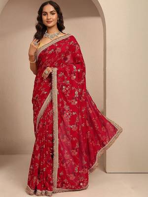 red tribal printed saree with unstitched blouse piece 1