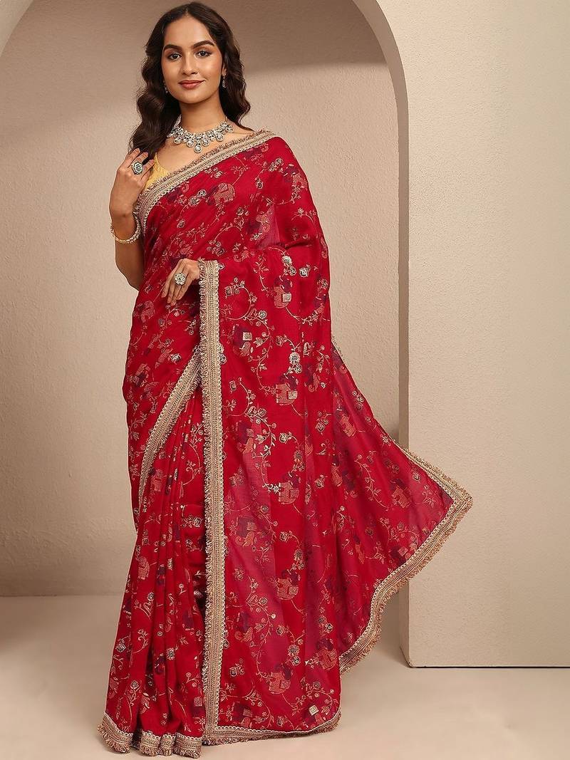 red tribal printed saree with unstitched blouse piece