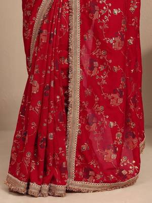 red tribal printed saree with unstitched blouse piece 2