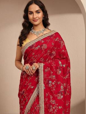 red tribal printed saree with unstitched blouse piece 3