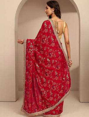 red tribal printed saree with unstitched blouse piece 4