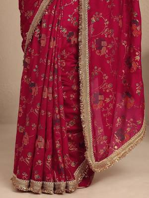 maroon tribal printed saree with unstitched blouse piece 3
