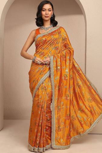 mustard tribal printed saree with unstitched blouse piece