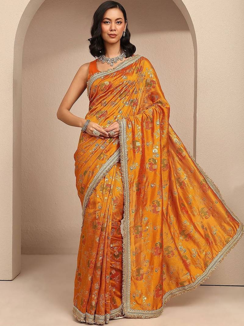 mustard tribal printed saree with unstitched blouse piece
