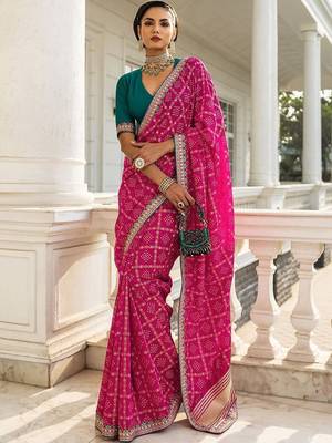 pink printed bandhani saree with unstitched blouse piece 1