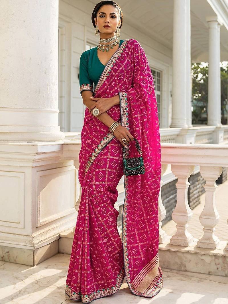 pink printed bandhani saree with unstitched blouse piece