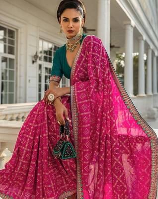 pink printed bandhani saree with unstitched blouse piece 2