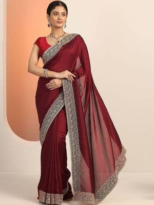 maroon embellished saree with unstitched blouse piece 1