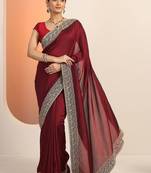 maroon embellished saree with unstitched blouse piece