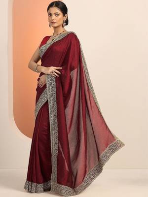 maroon embellished saree with unstitched blouse piece 4
