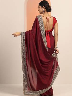 maroon embellished saree with unstitched blouse piece 5