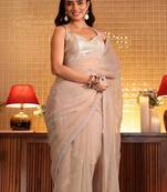 beige floral embellished silk blend saree