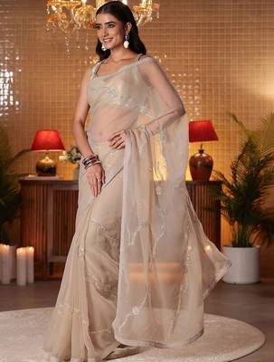 beige floral embellished silk blend saree 2