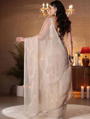 beige floral embellished silk blend saree 3