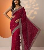 maroon embellished saree with unstitched blouse piece