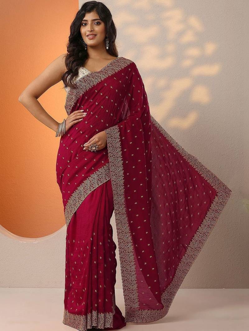 maroon embellished saree with unstitched blouse piece