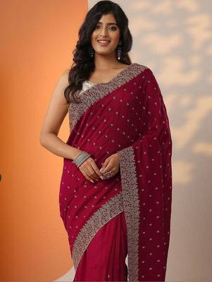 maroon embellished saree with unstitched blouse piece 3